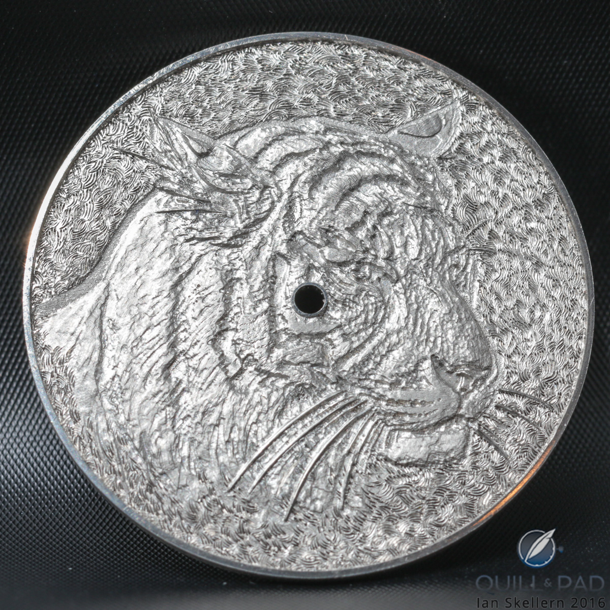 Finely engraved dial of the Hermès Arceau Tigre Email Ombrant before enamelling