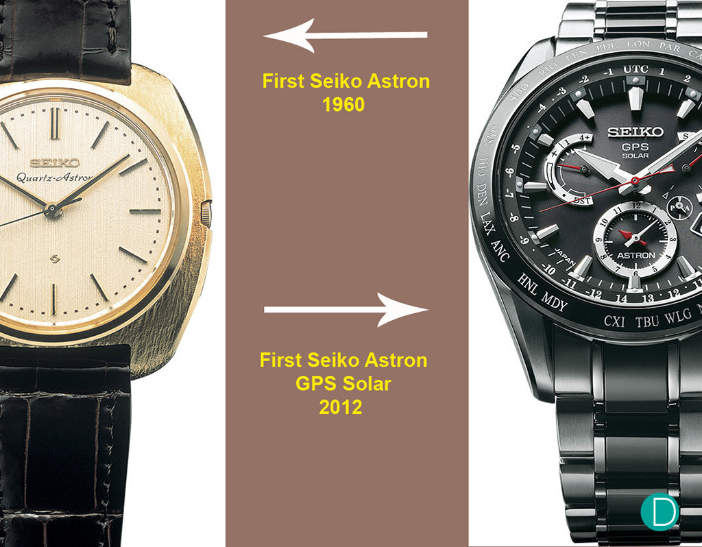 The historical Astron on the left was the world's first quartz watch replica . Sold for US$1,500 in 1969, the equivalent of a small car in Japan in those days. And on the right, the Astron GPS Solar introduced in 2012.