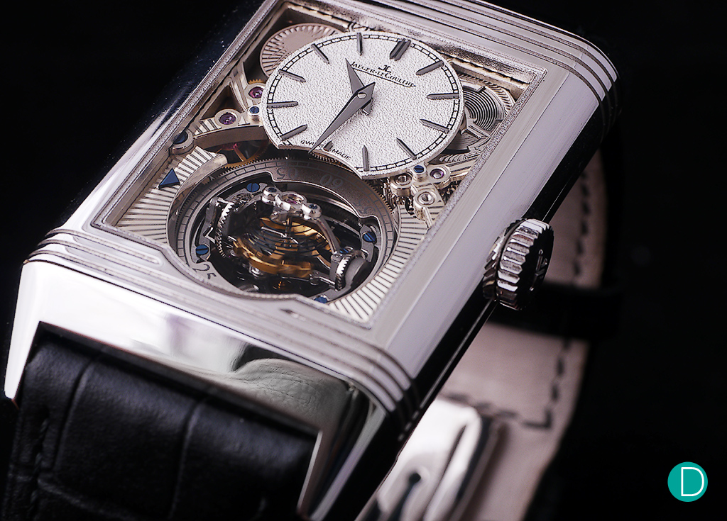 The JLC Reverso Tribute Gyrotourbillon, now in a slimmer case. Shown here is the front dial with the textured dial for the hours and minutes, and a massive cutout to showcase the gyrotourbillon.
