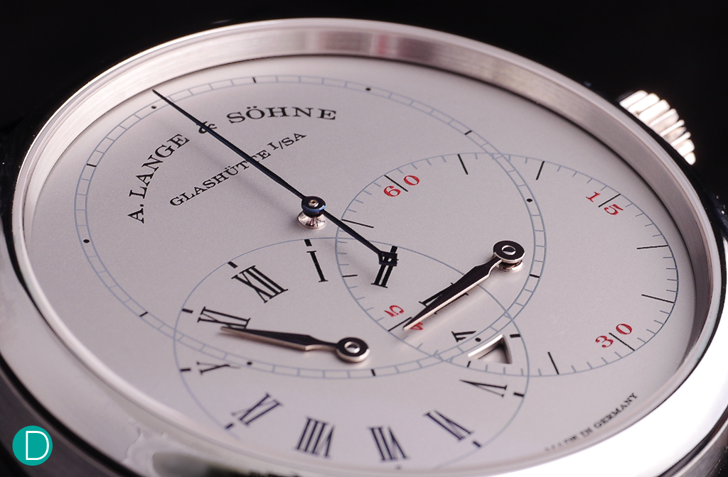 The dial detail of the Richard Lange Jumping Seconds . The dial layout is similar to the earlier Richard Lange Tourbillon “Pour le Mérite”, with a musical chair swap of the dials to give prominence to the seconds hand to showcase the seconds morte. 