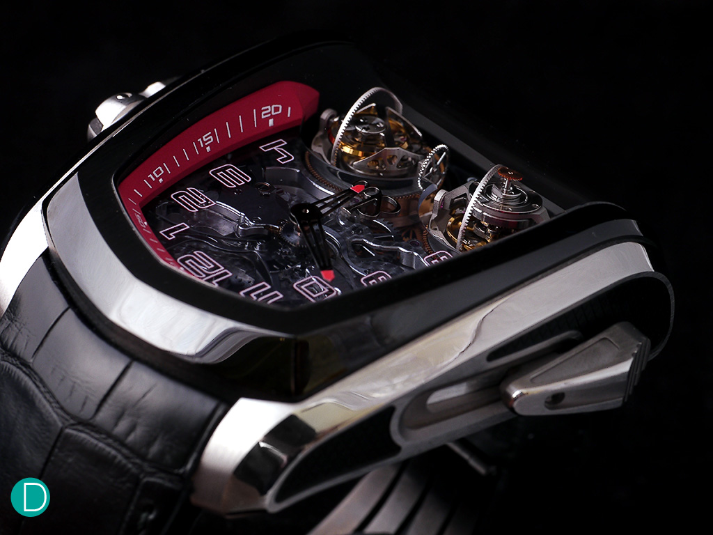 The Twin Turbo dial side, shown upside down, the twin triple axis tourbillons clearly visible without the glare of the curved glass. 