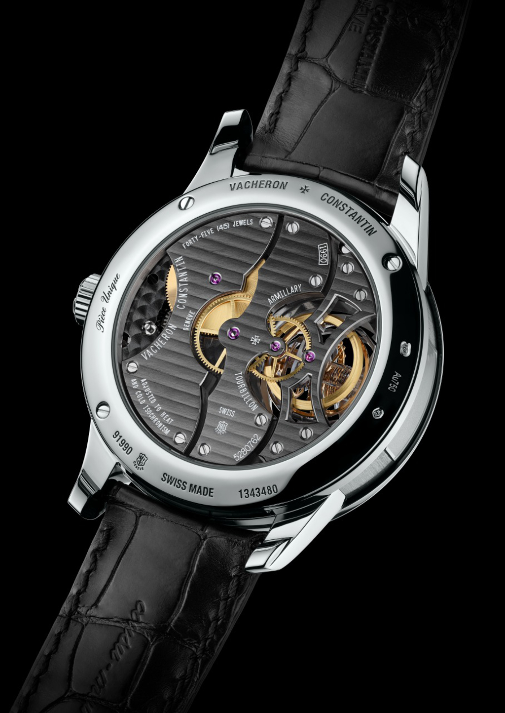 The caseback of the watch replica . Notice the intricate finishing of the movement. 