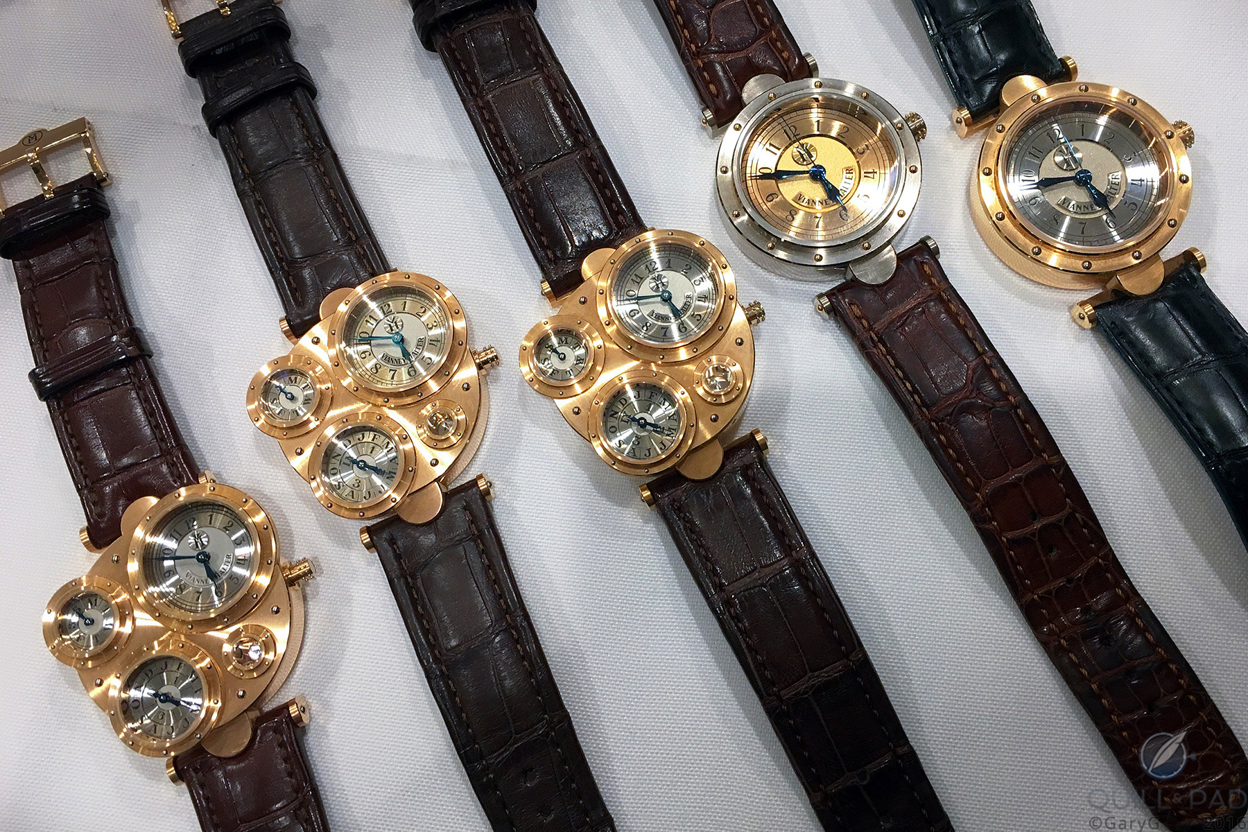 Table scene at a recent watch replica dinner, including three of the 36 Vianney Halter Antiquas made in pink gold