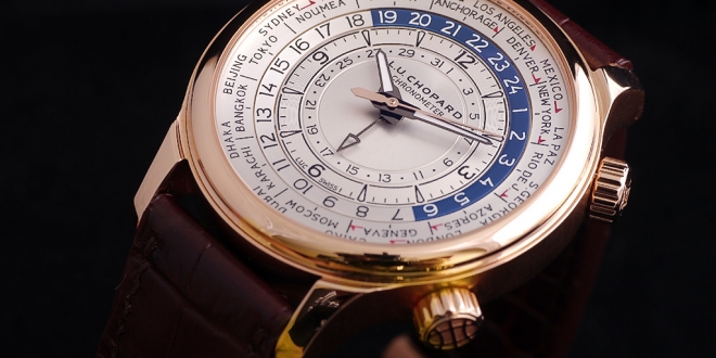 The Chopard L.U.C. Time Traveler in rose gold looks very sober and understated, much like a classical world time